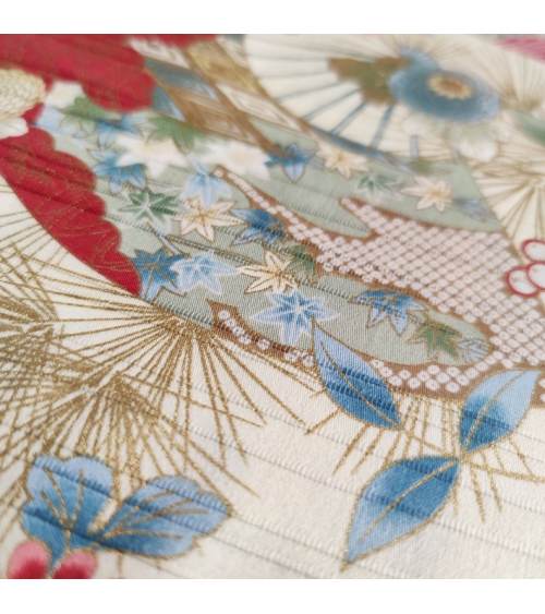 Tela japonesa en Satin de algodón "Sensu to matsu" (Abanicos y pinos) en marfil.