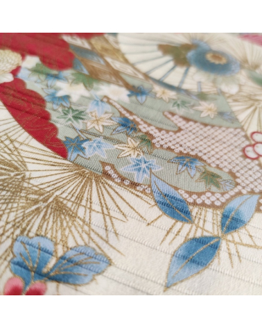 Tela japonesa en Satin de algodón "Sensu to matsu" (Abanicos y pinos) en marfil.