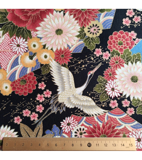 Japanese cotton fabric 'Fujisan fantasy' on black.