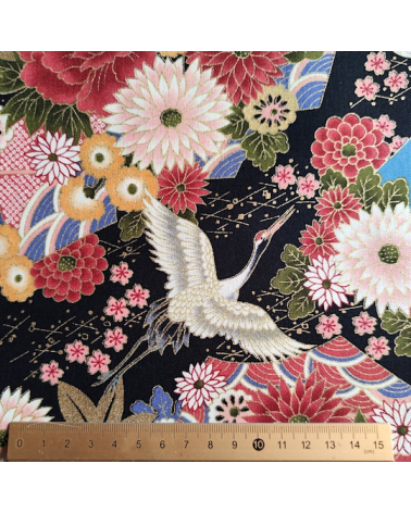 Japanese cotton fabric 'Fujisan fantasy' on black.