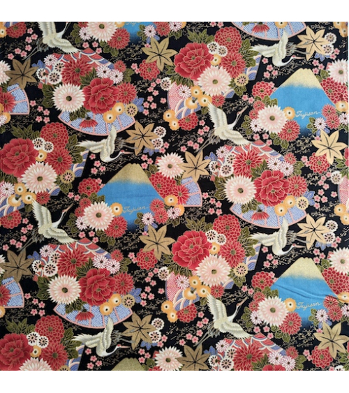 Japanese cotton fabric 'Fujisan fantasy' on black.