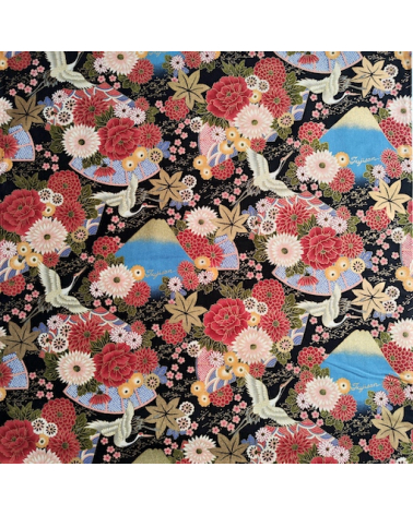 Japanese cotton fabric 'Fujisan fantasy' on black.