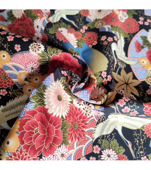 Japanese cotton fabric 'Fujisan fantasy' on black.