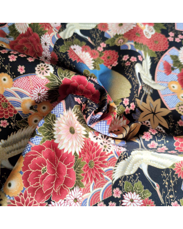 Japanese cotton fabric 'Fujisan fantasy' on black.