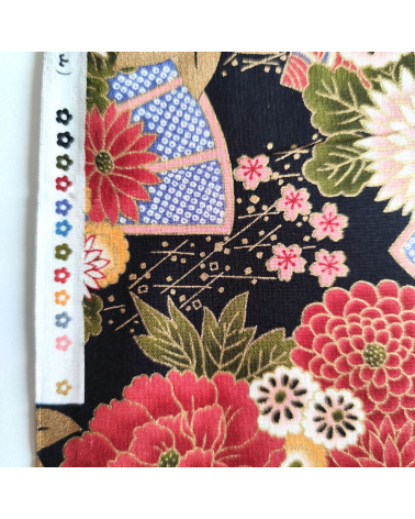 Japanese cotton fabric 'Fujisan fantasy' on black.