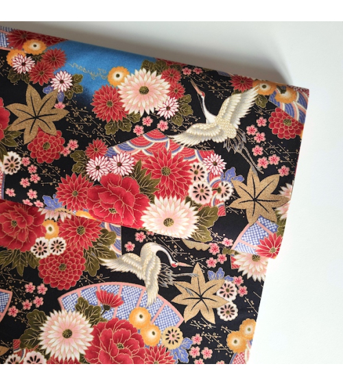 Japanese cotton fabric 'Fujisan fantasy' on black.