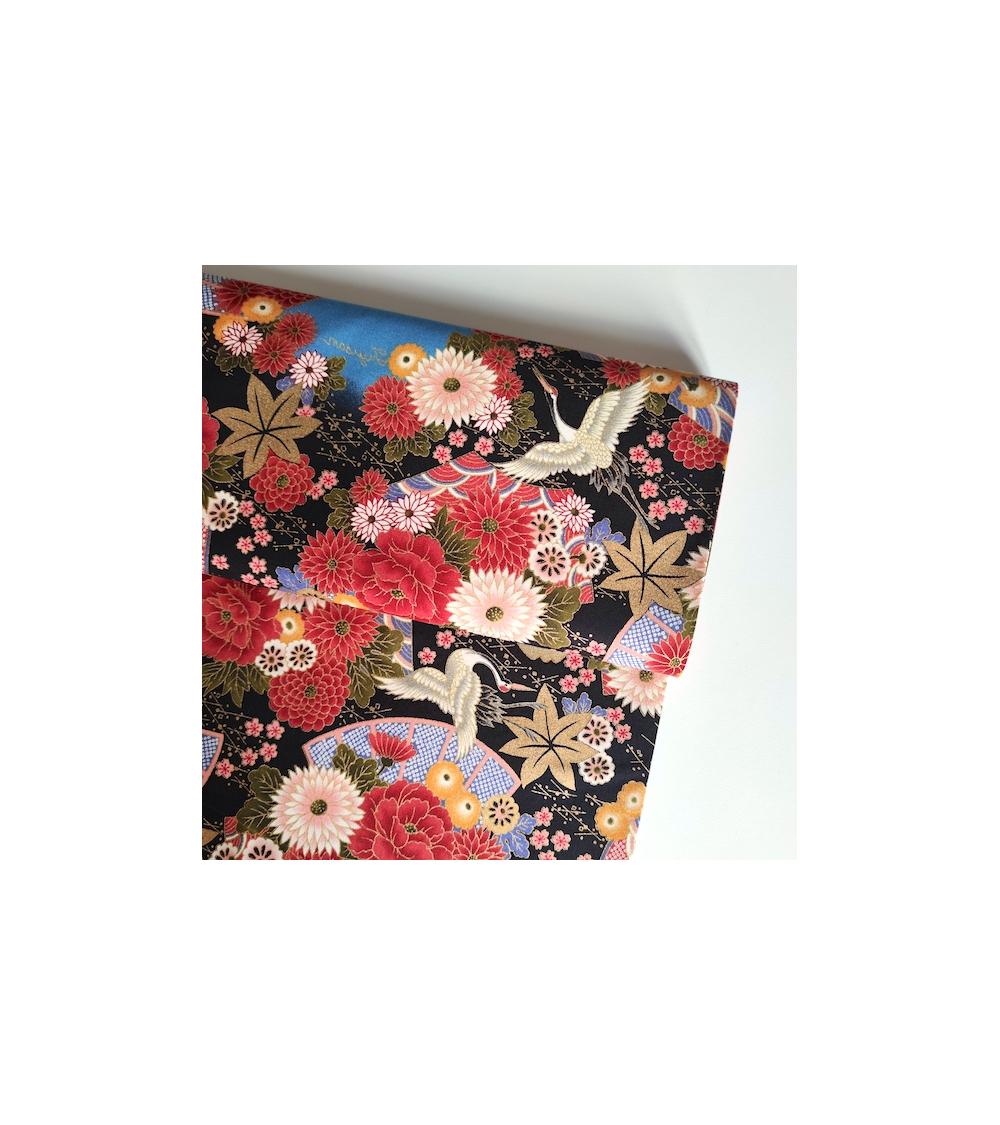 Japanese cotton fabric 'Fujisan fantasy' on black.