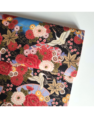 Japanese cotton fabric 'Fujisan fantasy' on black.