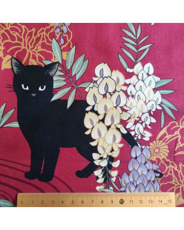 Japanese fabric. Black cats with Wisteria. Red background