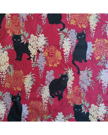 Tela japonesa. Gato negro con glicinias en Rojo.
