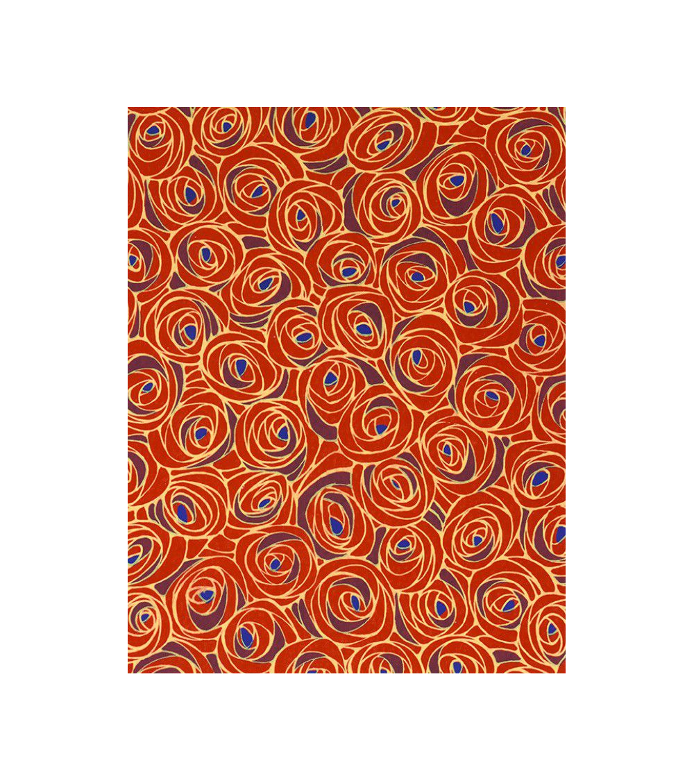Papel Chiyogami de rosas en rojo con centro azul.