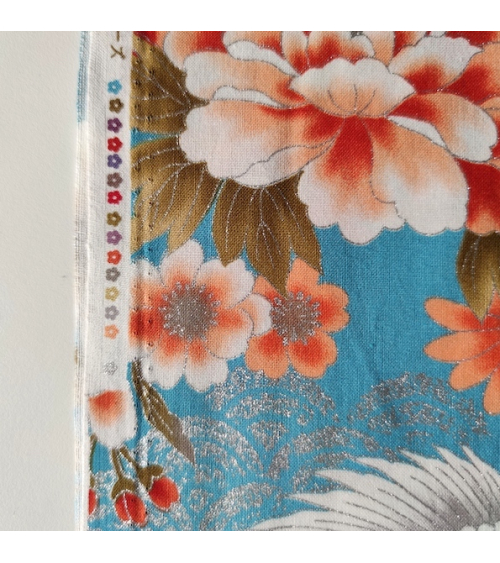 Tela japonesa "Tsuru to botan" en turquesa con detalles en plata