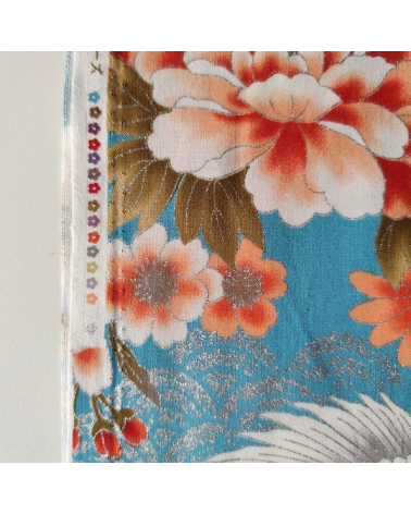 Tela japonesa "Tsuru to botan" en turquesa con detalles en plata
