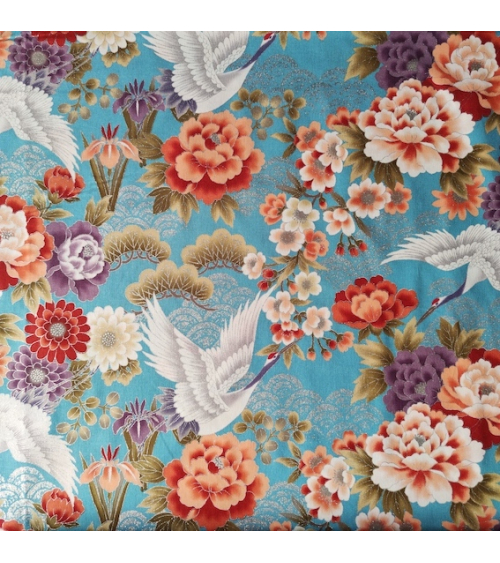 Tela japonesa "Tsuru to botan" en turquesa con detalles en plata