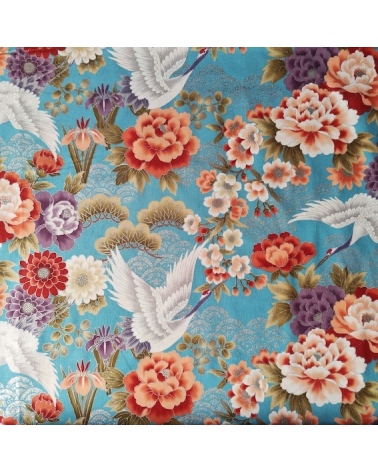 Tela japonesa "Tsuru to botan" en turquesa con detalles en plata