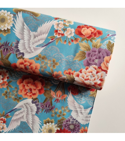 Tela japonesa "Tsuru to botan" en turquesa con detalles en plata