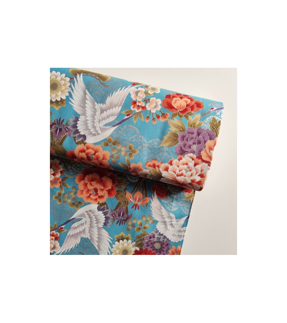 Tela japonesa "Tsuru to botan" en turquesa con detalles en plata