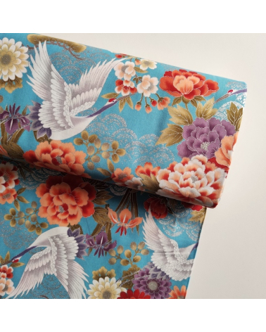 Tela japonesa "Tsuru to botan" en turquesa con detalles en plata
