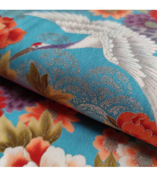 Tela japonesa "Tsuru to botan" en turquesa con detalles en plata