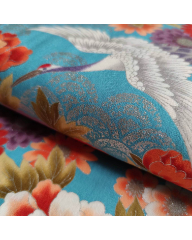 Tela japonesa "Tsuru to botan" en turquesa con detalles en plata