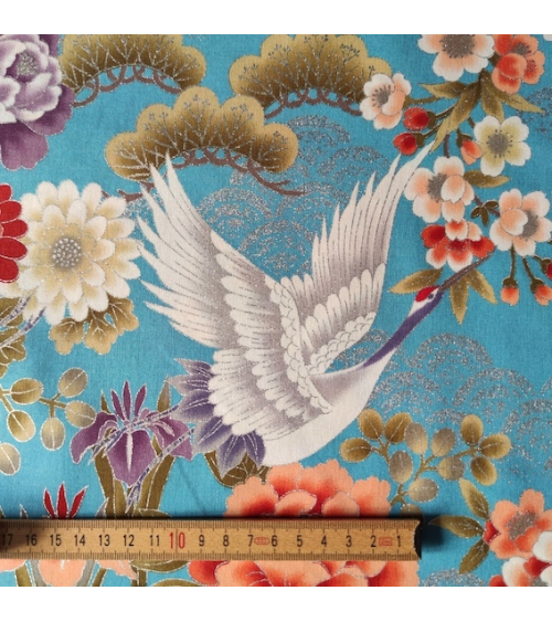 Tela japonesa "Tsuru to botan" en turquesa con detalles en plata