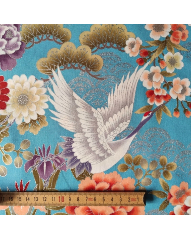 Tela japonesa "Tsuru to botan" en turquesa con detalles en plata