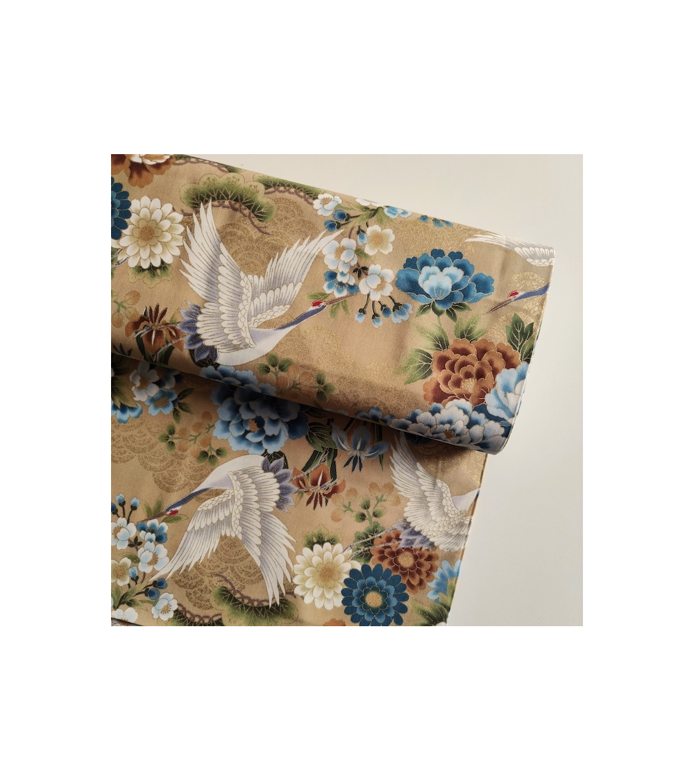 Japanese fabric 'Tsuru to botan' in tan blue with golden details