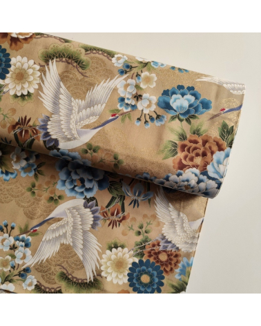 Japanese fabric 'Tsuru to botan' in tan blue with golden details