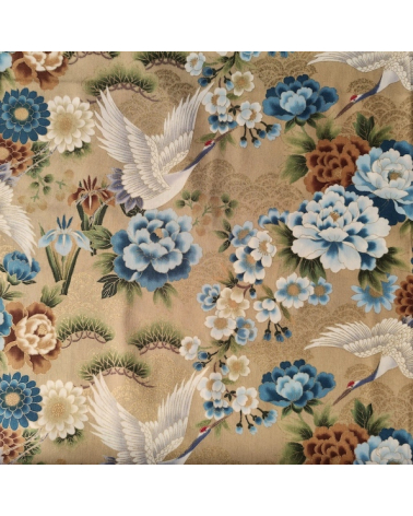 Japanese fabric 'Tsuru to botan' in tan blue with golden details