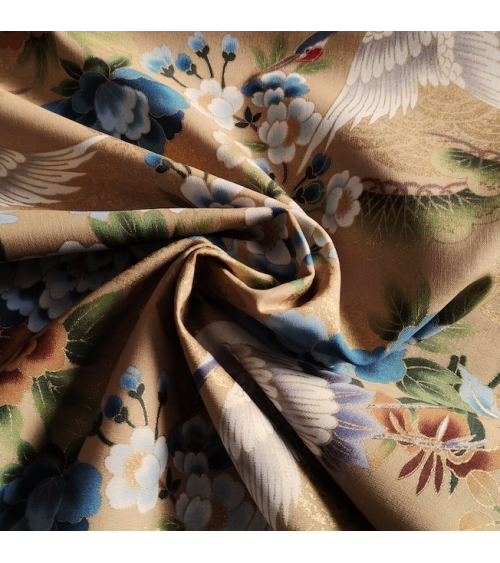 Japanese fabric 'Tsuru to botan' in tan blue with golden details