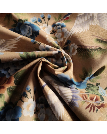 Japanese fabric 'Tsuru to botan' in tan blue with golden details