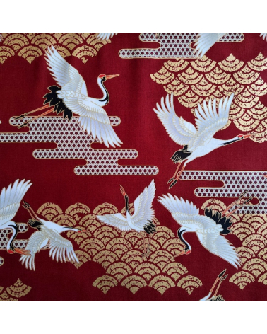 Japanese fabric. Flying Cranes and Clouds in cherry red.