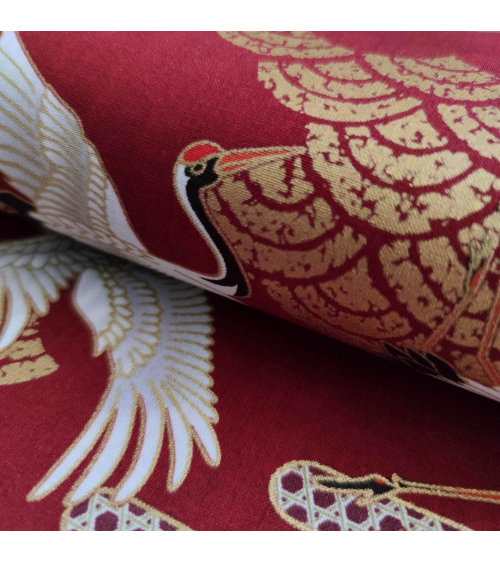 Japanese fabric. Flying Cranes and Clouds in cherry red.