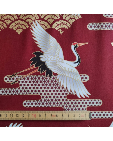 Japanese fabric. Flying Cranes and Clouds in cherry red.