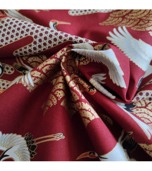 Japanese fabric. Flying Cranes and Clouds in cherry red.