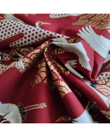 Japanese fabric. Flying Cranes and Clouds in cherry red.
