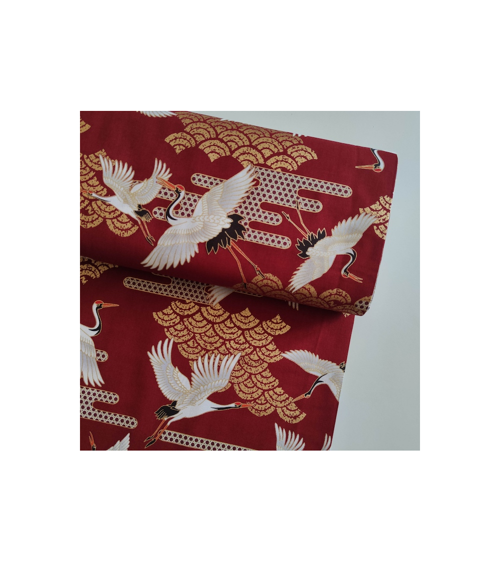 Japanese fabric. Flying Cranes and Clouds in cherry red.
