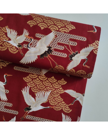Japanese fabric. Flying Cranes and Clouds in cherry red.