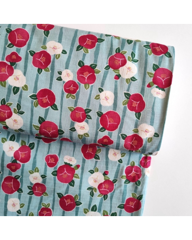 Japanese dobby fabric "Camellias" (Tsubaki) in light blue.