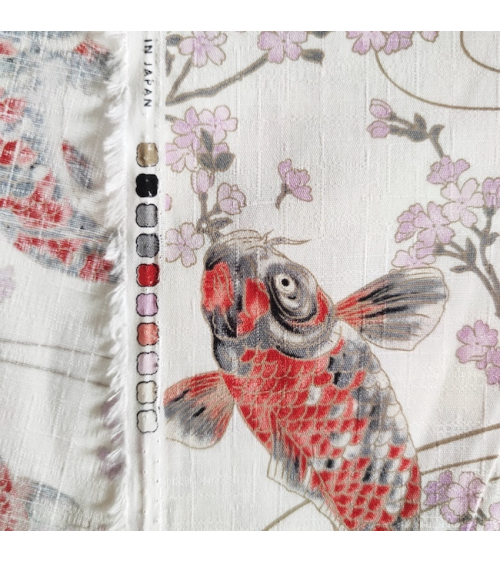 Tela de dobby japonés "Koi to sakura" blanco.