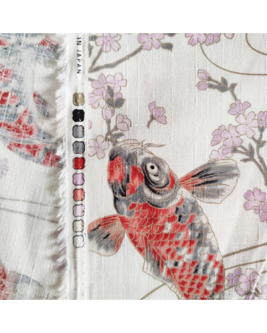 Tela de dobby japonés "Koi to sakura" blanco.