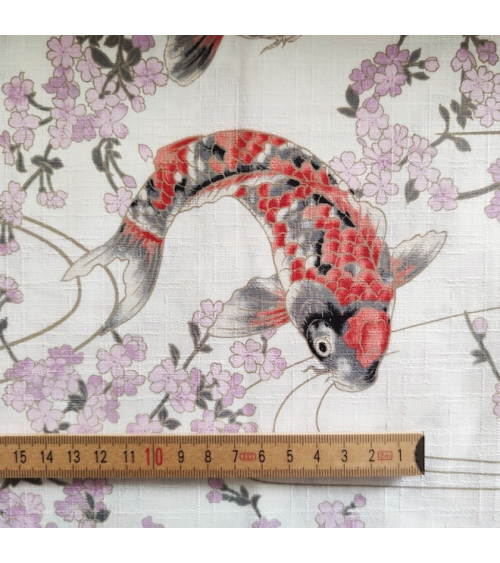 Tela de dobby japonés "Koi to sakura" blanco.