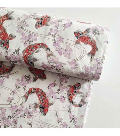 Japanese dobby fabric "Koi to sakura" in white.