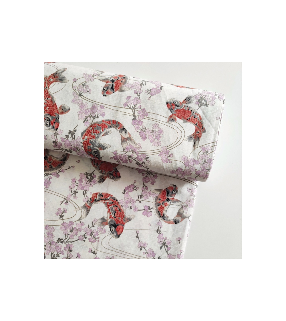 Japanese dobby fabric "Koi to sakura" in white.