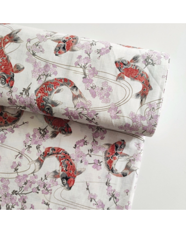 Japanese dobby fabric "Koi to sakura" in white.
