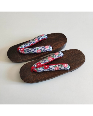 Geta sandals with Camellia flowers (tsubaki) on blue 'yagasuri' background. 25cm.