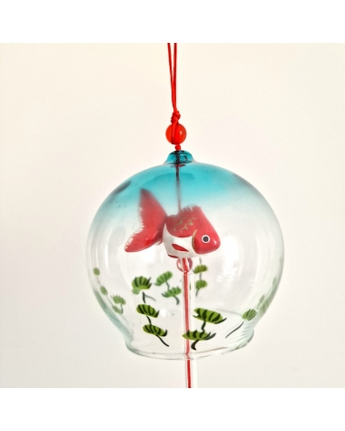 Furin (campanita japonesa) de vidrio "Kingyo" grande con pececito en el interior.