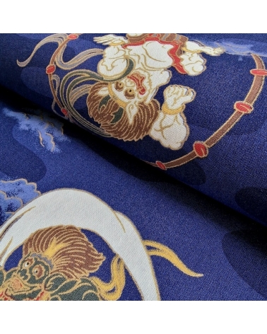 Tela japonesa de algodón dioses del trueno y viento (Fujin y Raijin) en azul.