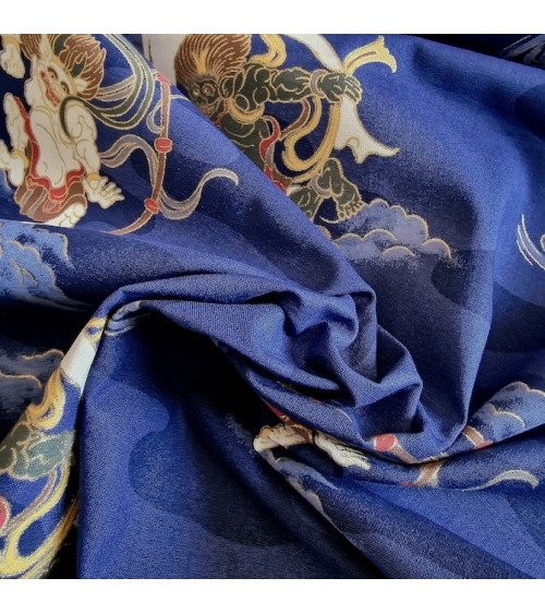Tela japonesa de algodón dioses del trueno y viento (Fujin y Raijin) en azul.