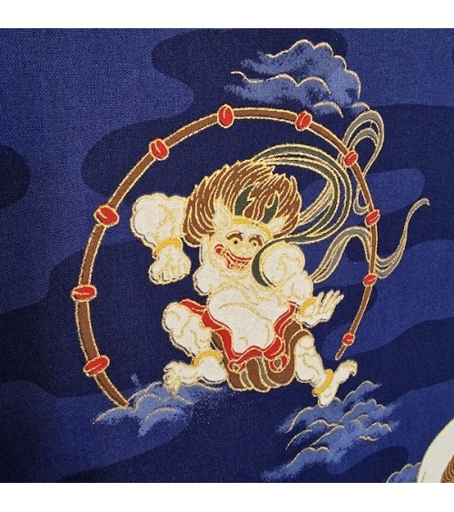Tela japonesa de algodón dioses del trueno y viento (Fujin y Raijin) en azul.